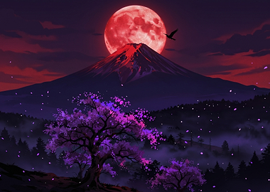 Crimson Moon Over Mount Fuji