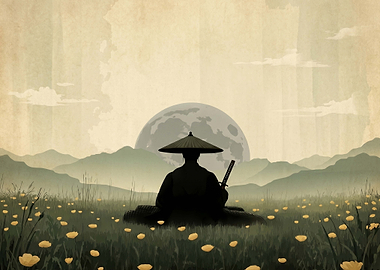 Samurai Meditating Under the Moon