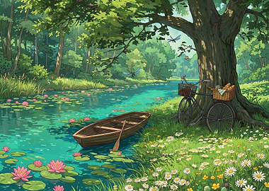 Tranquil Riverside Picnic Scene