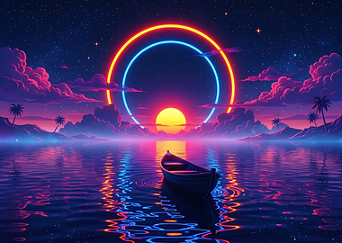 Retro Neon Sunset Boat Scene