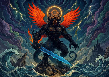 Demonic Angel with Fiery Wings and Sword