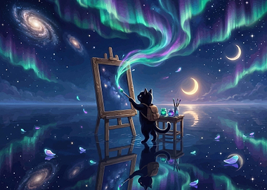 Cat painting the Aurora Borealis