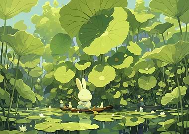 Cute Bunnies Boating in a Lotus Pond