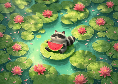 Cute Raccoon Eating Watermelon on Lily Pad
