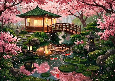 Serene Japanese Garden with Cherry Blossoms