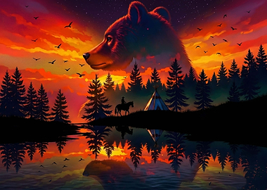 Bear Spirit Overlooking a Sunset Landscape