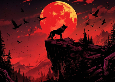 Wolf howling at a blood moon