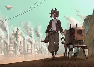 Steampunk Girl and Robot in Industrial City