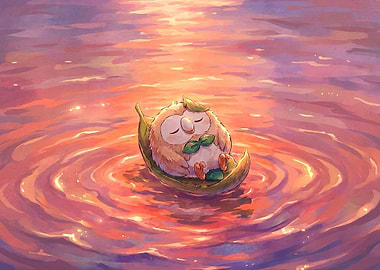 Cute Owl Sleeping on a Leaf Boat