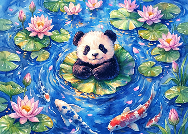 Panda on Lily Pad with Koi Fish
