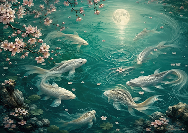 Koi Fish Under Moonlight with Cherry Blossoms