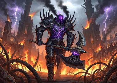 Dark Knight with Scythe in Fiery Landscape