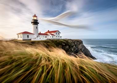 Lighthouse on a cliff overlooking the ocean