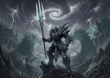 Dark Warrior with Trident in Storm