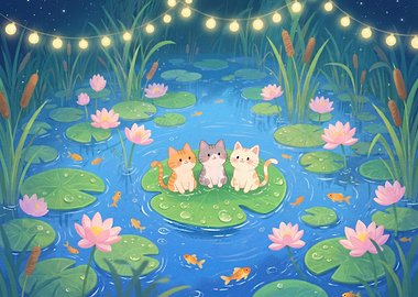 Three Cute Cats on a Lily Pad