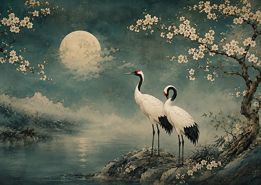 Cranes Under the Moon