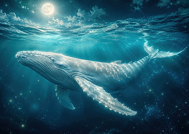 Whale swimming under the moonlit ocean
