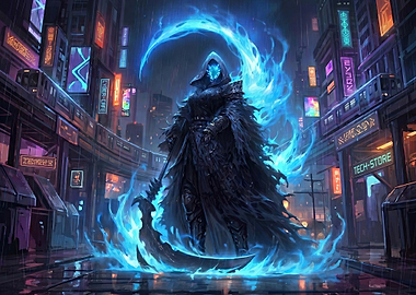 Cyberpunk Grim Reaper in Neon City