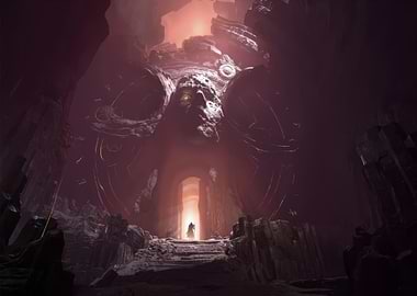 Epic Fantasy Cave Entrance with Giant Statue