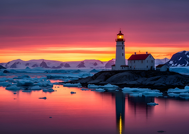 Lighthouse at Sunset in Antarctica