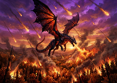 Dragon breathing fire amidst meteor shower
