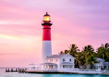 Lighthouse at Sunset with Palm Trees