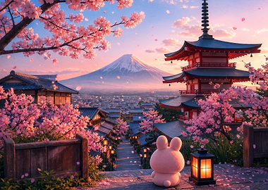 Cute Bunny in Japan with Mount Fuji