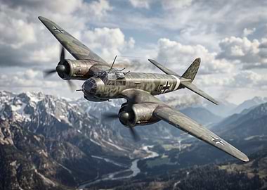 German Bomber Flying Over Mountains
