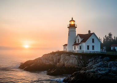 Lighthouse at Sunrise with Fog