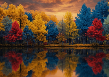 Vibrant Autumn Forest Reflected in Water
