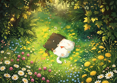 Two Cats Sleeping in a Meadow