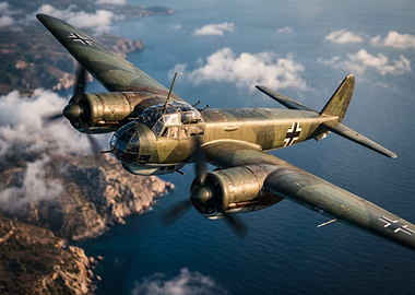 German WWII Bomber Aircraft Flying Over Coastline