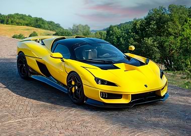 Yellow Supercar on Cobblestone Driveway