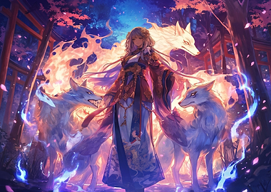 Woman with Spirit Wolves and Fire