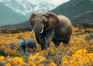 Elephants in a field of flowers