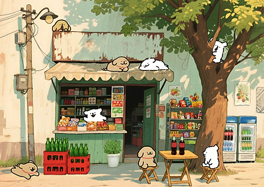 Cute dogs at a corner store