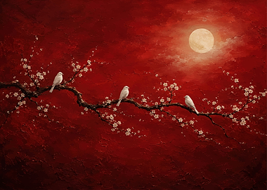 Birds on a Cherry Blossom Branch Under the Moon