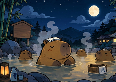 Capybaras relaxing in a hot spring at night
