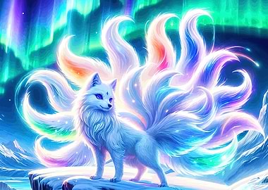 Magical Nine-Tailed Fox Under Aurora