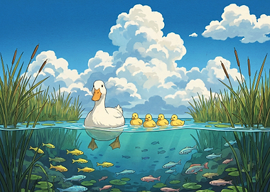 Duck Family in a Pond
