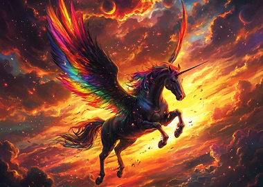 Rainbow Winged Unicorn in Fiery Sky