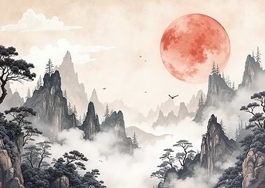 Misty Mountains with Red Moon