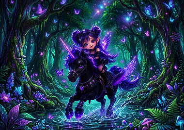 Fairy Riding a Unicorn in a Magical Forest