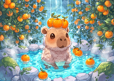 Capybara Relaxing in Orange Hot Spring