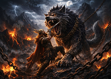 Viking battles Fenrir in fiery landscape