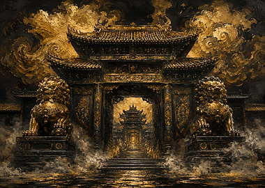 Golden Imperial Gate with Lion Statues