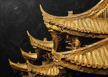 Golden Pagoda Roofs on Black Background