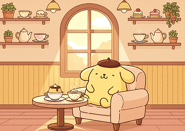 Pompompurin enjoying tea and dessert