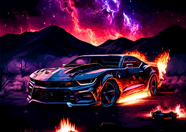 Burning Car Under Electric Sky