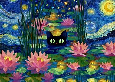 Black Cat in Starry Night Pond